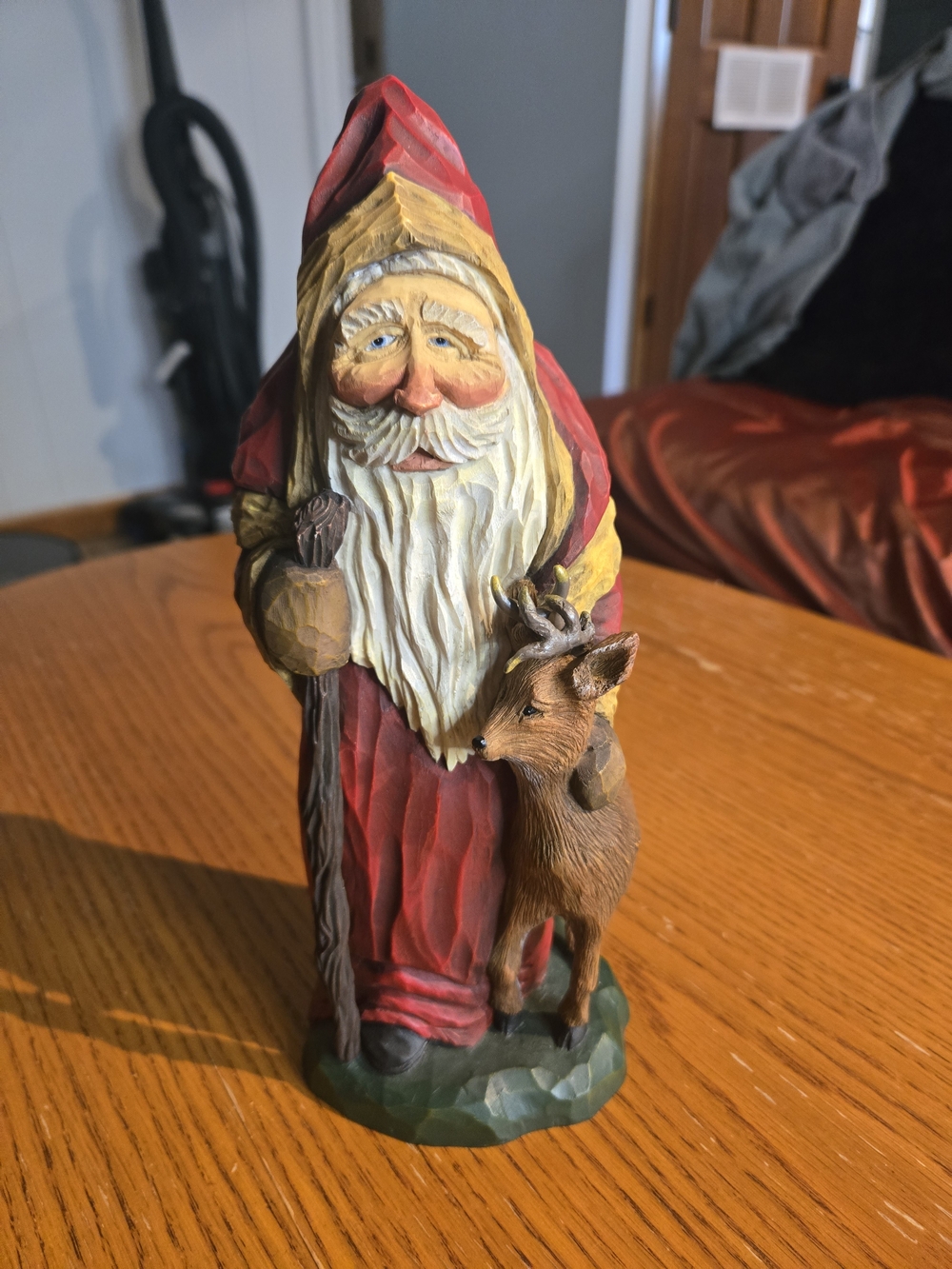 Craig Kirkwood Wooden Red Santa Figurine with Deer - Holiday Home Decor